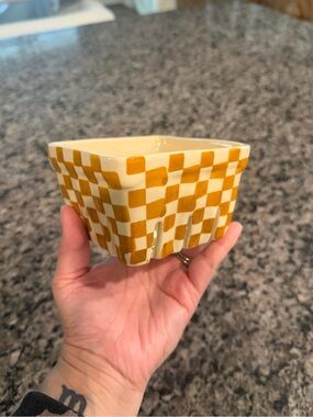 Urban Outfitters Checkerboard Ceramic Planter in Mustard Yellow and Cream